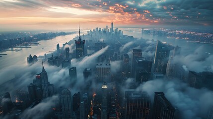 Top view of New York skyline in cloudy day at sunset. Skyscrapers of NYC in the fog. Stunning and...