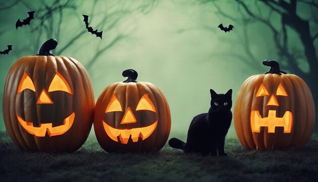 black cat sits in front of four pumpkins with glowing eyes