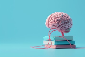 A brain is on top of a stack of books, with a colorful wire coming out of it