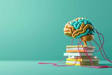 A brain is on top of a stack of books, with a colorful wire coming out of it - obrazy, fototapety, plakaty