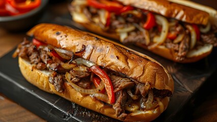 Sizzling Philly Cheesesteak Delight with Fresh Veggies. Concept Food Photography, Cheesesteak Creations, Fresh Ingredients, Delicious Meals, Food Presentation - obrazy, fototapety, plakaty