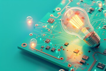 A light bulb is lit up on a circuit board