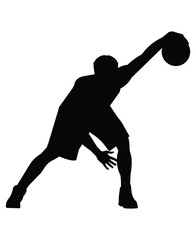 Silhouette of a basketball player who stand with the ball in hs hand and performs a crossover jab - obrazy, fototapety, plakaty