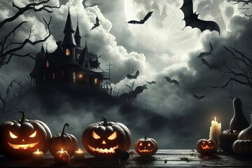 Halloween scene with a castle in the background and bats flying around