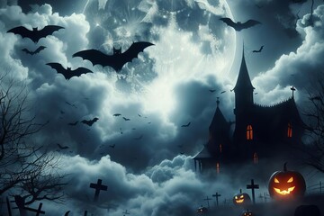 Halloween themed image of a castle with bats flying around it - obrazy, fototapety, plakaty