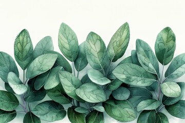 Calming Sage: A close-up of sage leaves with their velvety texture and soothing aroma, painted in a realistic watercolor style with soft washes and intricate details on a white background