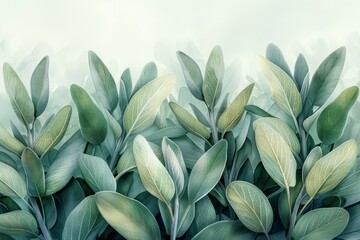 Calming Sage: A close-up of sage leaves with their velvety texture and soothing aroma, painted in a realistic watercolor style with soft washes and intricate details on a white background - obrazy, fototapety, plakaty
