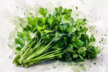 Edible Parsley: A bunch of parsley leaves with their vibrant green color and fresh aroma, painted in a realistic watercolor style with crisp lines and subtle water stains on a white background