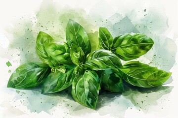 Flavorful Basil: A bunch of basil leaves with their vibrant green color and distinctive aroma, painted in a realistic watercolor style with crisp lines and subtle water stains on a white background