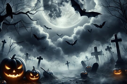 Halloween scene with bats flying around a graveyard