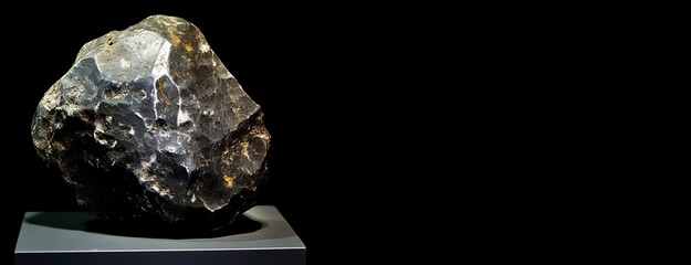 Gersdorffit is rare precious natural stone on black background. AI generated. Header banner mockup with space.