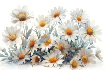 Soothing Chamomile: A cluster of chamomile flowers with delicate white petals and yellow centers. Painted in a realistic watercolor style with a soft wash  on a white background.