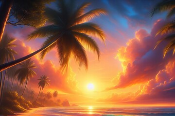 beautiful sunset over the ocean with palm trees in the background