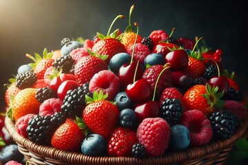basket full of berries including blueberries, blackberries, and strawberries - Powered by Adobe