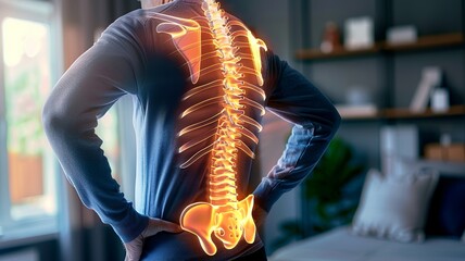 Human back anatomy, man holding his hand in the back pain area - obrazy, fototapety, plakaty