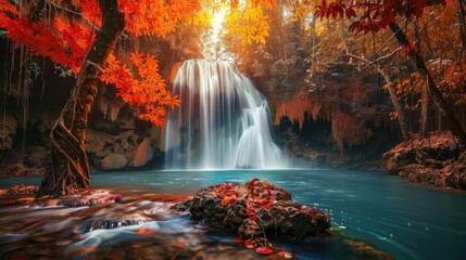 Landscape Waterfall. Captivating View of Huay Mae Kamin Waterfall in Colorful Autumn Forest