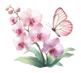Watercolor illustration of soft pink Orchid flowers with Butterfly