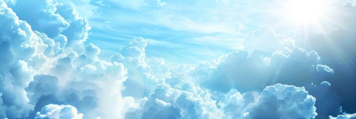 Light Blue And White Background. Panoramic Landscape with Soft Sunshine and Abstract Cloudscape - obrazy, fototapety, plakaty