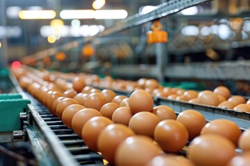 Egg Production in Poultry Farm Factory. Industrial Process of Egg Manufacturing - obrazy, fototapety, plakaty