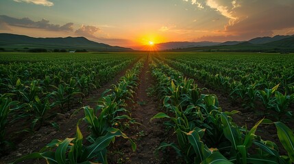 An expansive landscape with rows of Mexican street corn (Elote) fields stretching into the distance-1