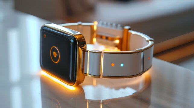 A gold and white smartwatch is sitting on a table. The watch has a black screen with a red heart icon in the center. The band is made of white ceramic with gold accents.
