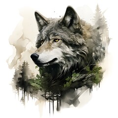 double exposure of wolf face with forest trees and mountains,Digital watercolor, (good for printing and using as mural, etc.)