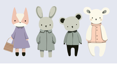 vector animals in clothes. vector fox, hare and bear