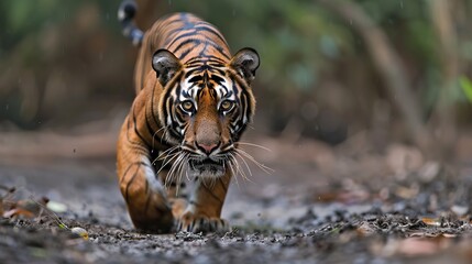 A majestic tiger prowling through a serene forest, showing its intense gaze and untamed beauty
