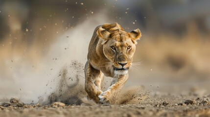 A lion running at the african savanna.