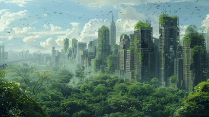 An overgrown and abandoned city, with nature taking over