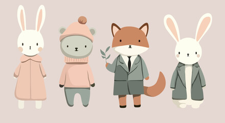 vector animals in clothes. vector fox, hare and bear