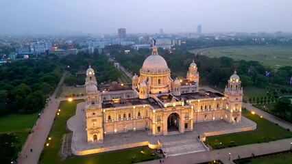 Aerial view of  Victoria Memorial is a large marble monument on the Maidan in Central Kolkata