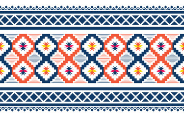 Orange and Blue Ethnic abstract art. Seamless pattern in tribal, folk embroidery, and Mexican style. Aztec geometric art ornament print. Design for carpet, clothing, wrapping, fabric, cover.