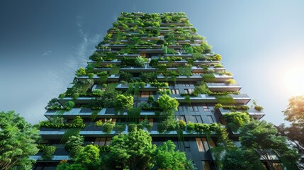 The image shows a green skyscraper covered in plants and trees. - obrazy, fototapety, plakaty