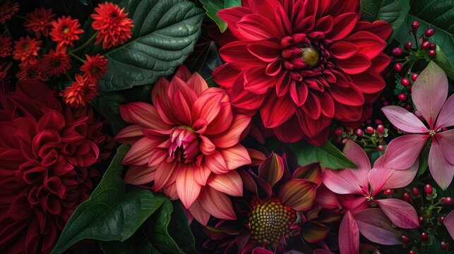 Stunning photograph showcasing vibrant red and pink flowers with foliage Vibrant image