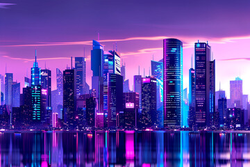 Cityscape and skyscraper lights reflected in the shimmering purple waters