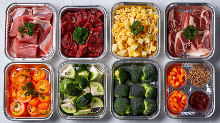 Collection of take away foil boxes with healthy food, Set of containers with everyday meals - meat, vegetables and law fat snacks on white background, top view, hyperrealistic food photography