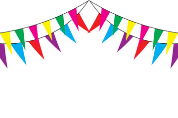 Obraz premium Colorful Party Flags design on white background. Triangle flag on white background. Colorful birthday, celebration, anniversary, festival background design with flag. Vector illustration 