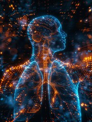 The holographic illustration, which shows the lightning lungs against a black background, is composed of blue and orange.
