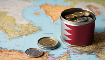 A jar filled with cash, displaying the Bahrain flag, sits atop a map. Saving for vacation, leisure activities. Financial planning, travel budget allocation - obrazy, fototapety, plakaty