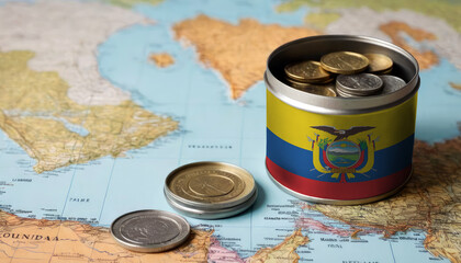 A jar filled with cash, displaying the Ecuador flag, sits atop a map. Saving for vacation, leisure activities. Financial planning, travel budget allocation - obrazy, fototapety, plakaty