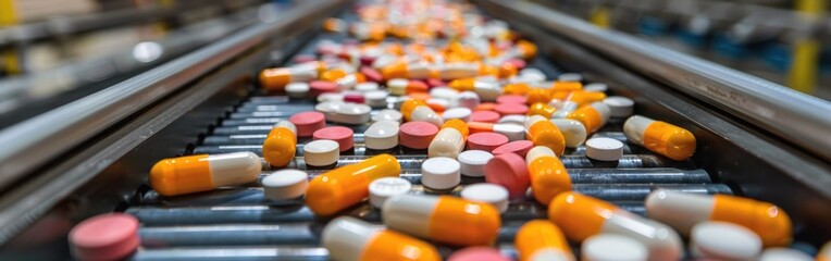 Pills moving along a pharmaceutical production line on a conveyor belt