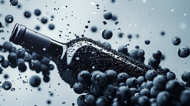 Blank wine bottles with black grapes floating on black background,take product photos and advertisements.