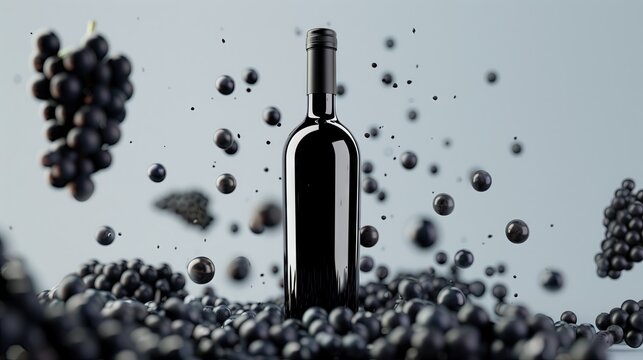 Blank wine bottles with black grapes floating on black background,take product photos and advertisements.