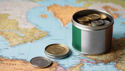 A jar filled with cash, displaying the Irish flag, sits atop a map. Saving for vacation, leisure activities. Financial planning, travel budget allocation - obrazy, fototapety, plakaty