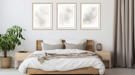 Interior of bedroom with bed, posters, shelving unit, burning candles and houseplants near white wall. High quality photo