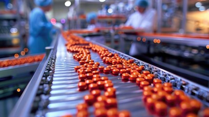 Obraz premium A conveyor belt filled with numerous oranges moving along in a production line