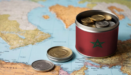 A jar filled with cash, displaying the Morocco flag, sits atop a map. Saving for vacation, leisure activities. Financial planning, travel budget allocation - obrazy, fototapety, plakaty