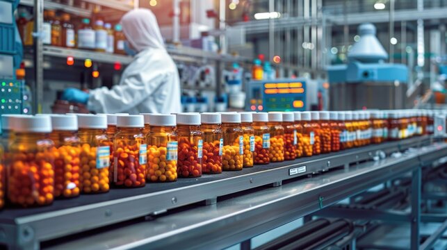Factory workers on a pharmaceutical production line in a facility filled with jars containing liquid, focusing on tablet and vitamin manufacturing