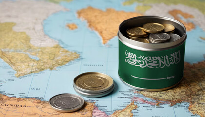 A jar filled with cash, displaying the Saudi Arabia flag, sits atop a map. Saving for vacation, leisure activities. Financial planning, travel budget allocation - obrazy, fototapety, plakaty